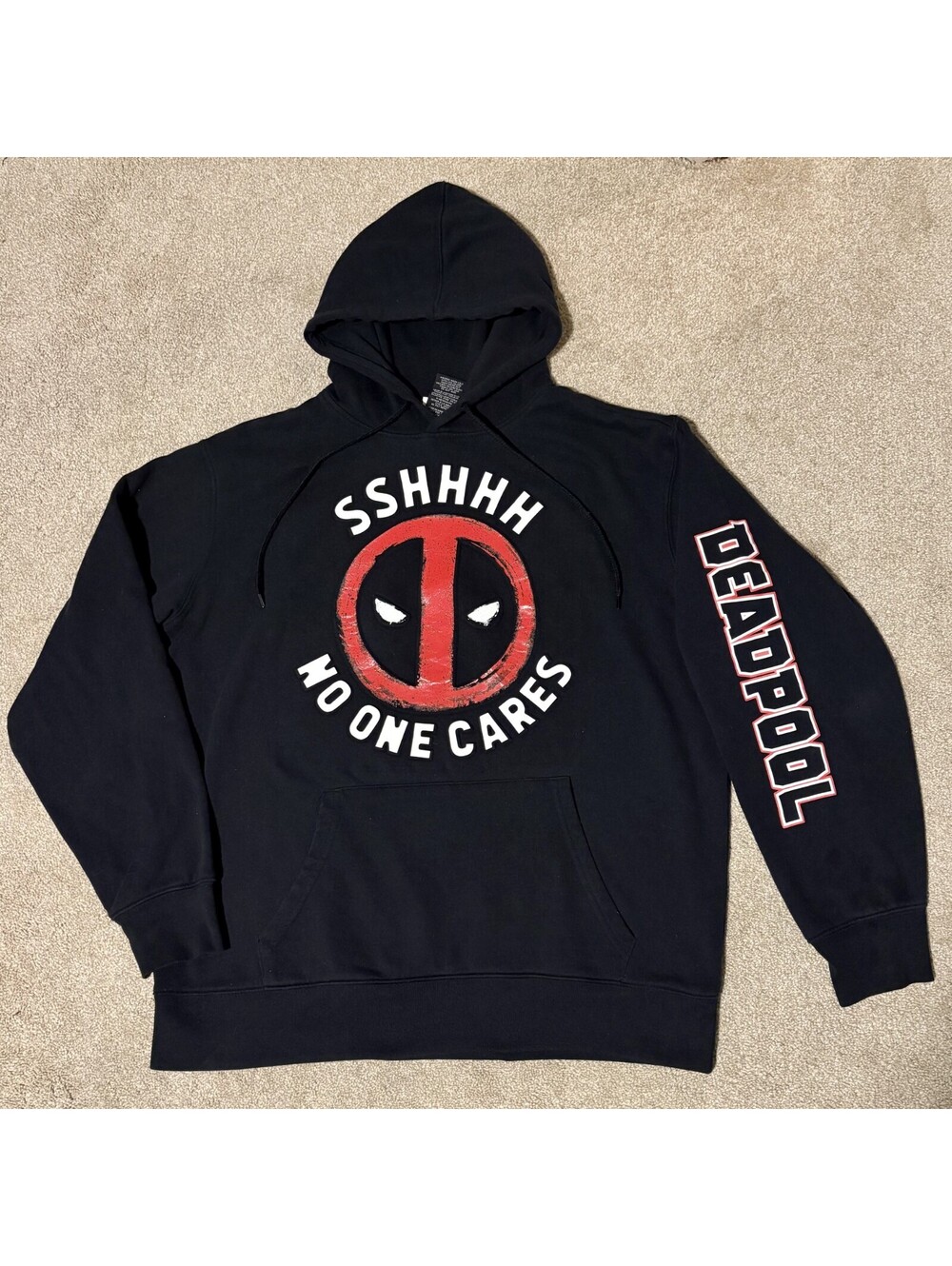 Deadpool Hoodie "Sshhh No One Cares" Mens Large Black Sweatshirt Marvel